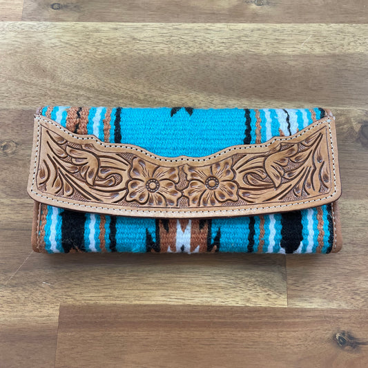 Tooled Turquoise Saddle Blanket Trifold Wallet