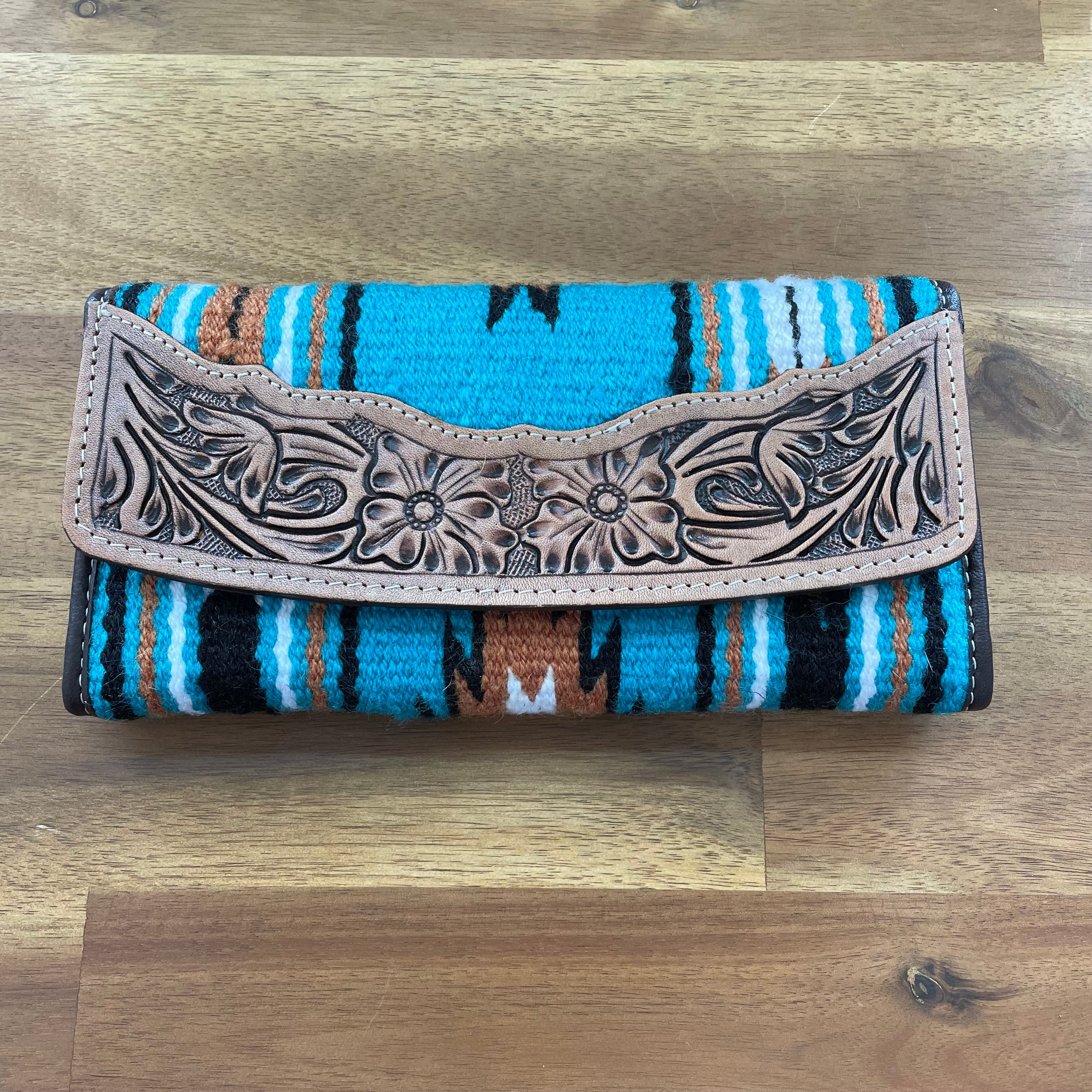 Tooled Turquoise Saddle Blanket Trifold Wallet